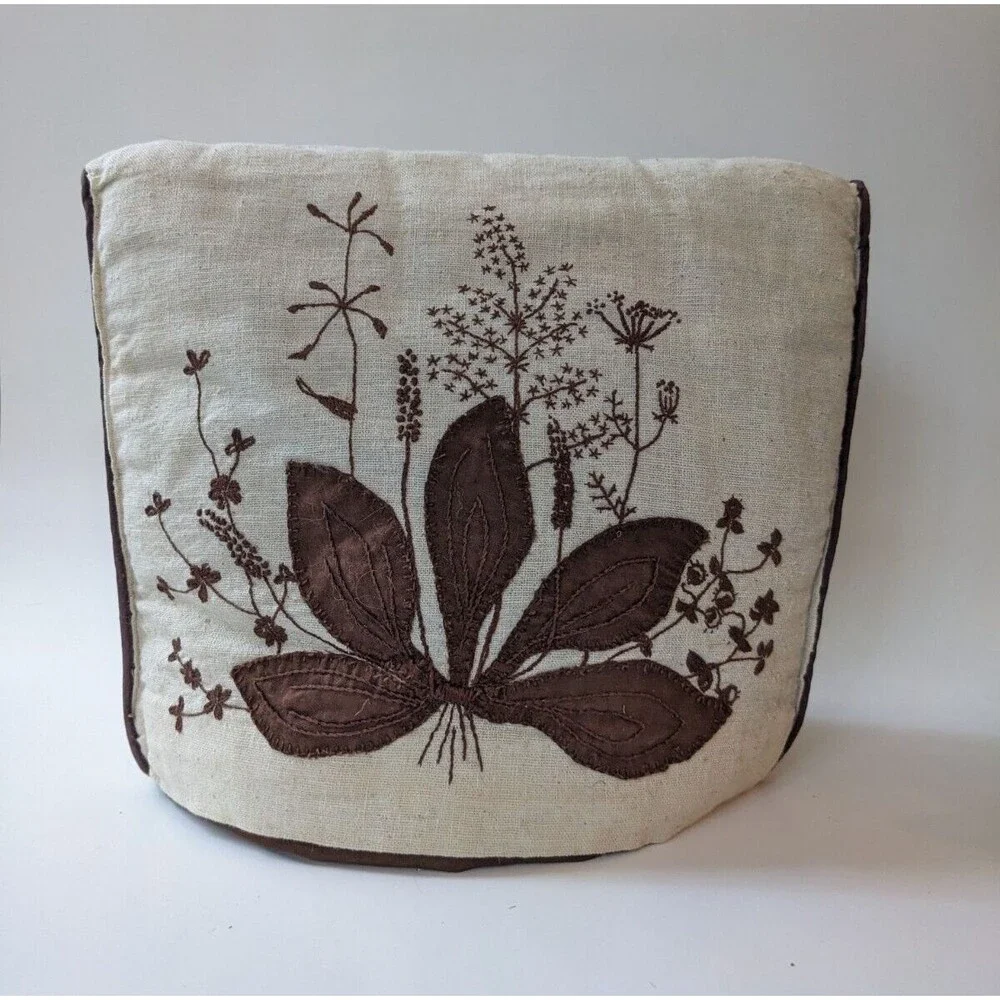Vintage Tea Cozy Embroidered Hand Stitched‎ Wild Flowers Design Brown & Linen